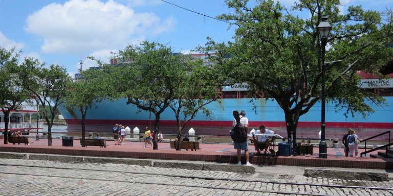 The view from Huey's restaurant - a container ship in Savannah